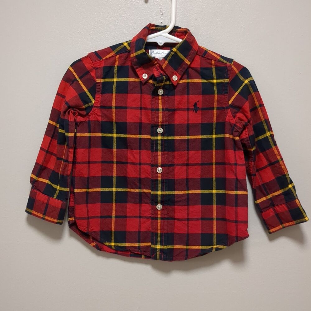 Ralph Lauren Red Black Yellow Plaid Button Down Cotton Shirt Boys Size 18 Months